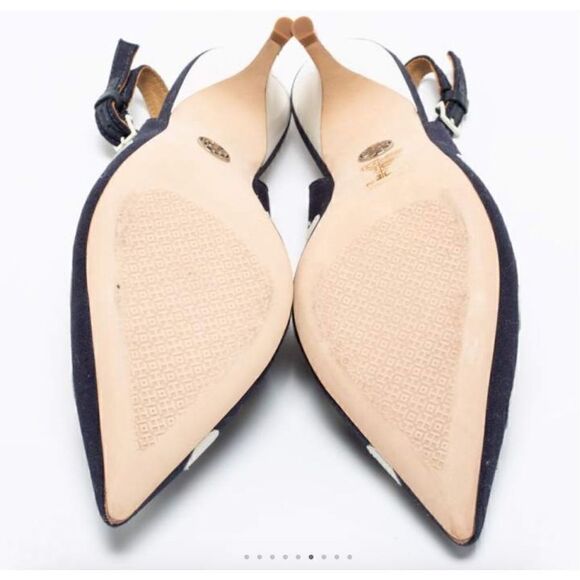 Tory Burch Navy Blue/White Polka Dot Canvas and Leather Spencer Slingback Pumps - Picture 8 of 10